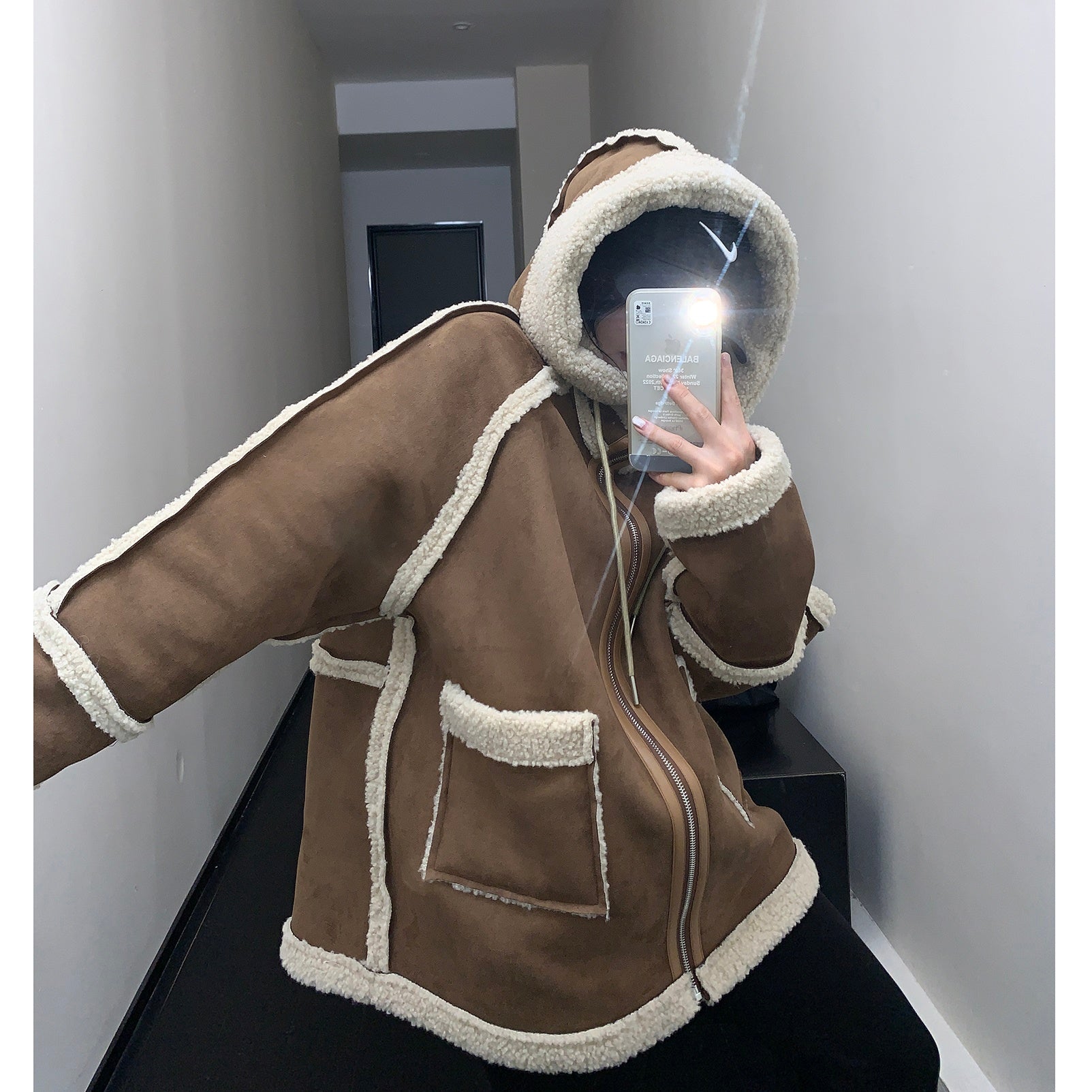 Three-dimensional Cutting Fake Mouton Hooded Coat MW9645