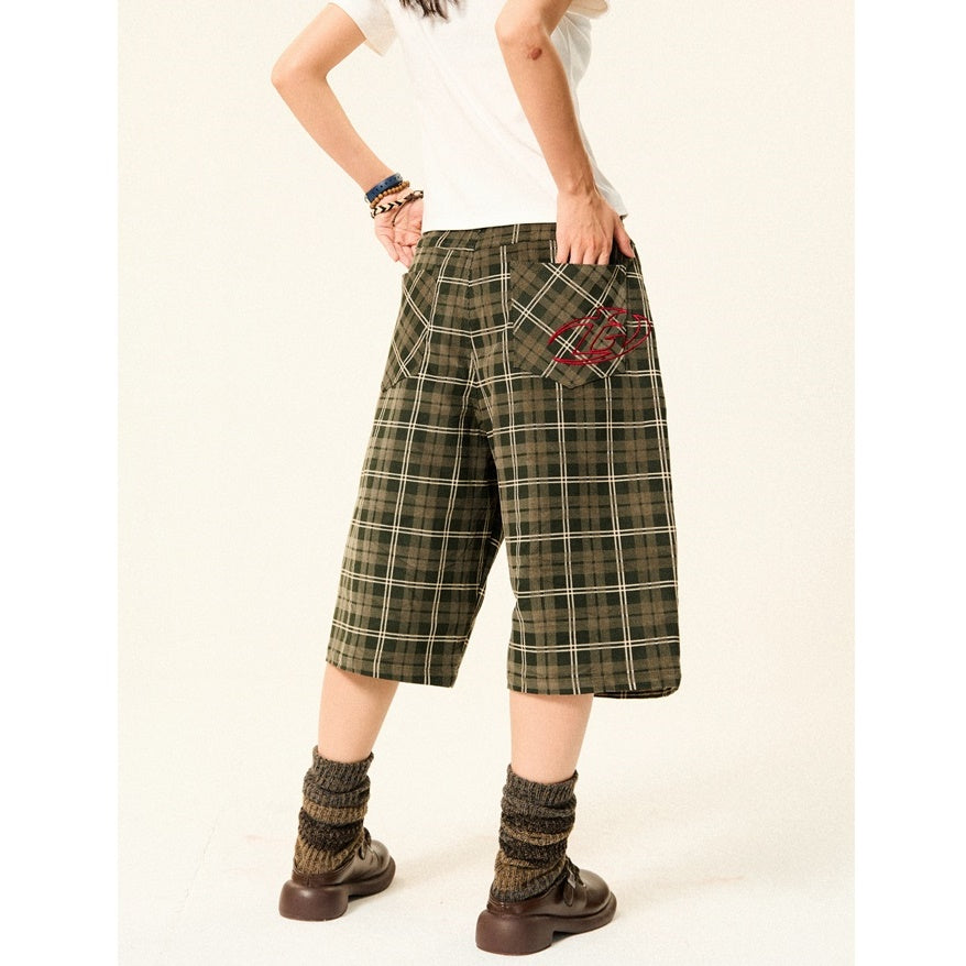 Retro Plaid Straight Leg Loose Cropped Pants YS7011