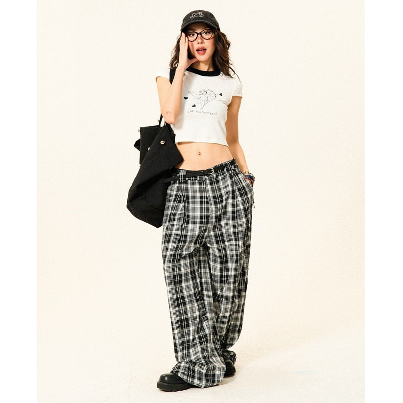 Monotone Plaid Low-waisted Wide-leg Pants YS7009