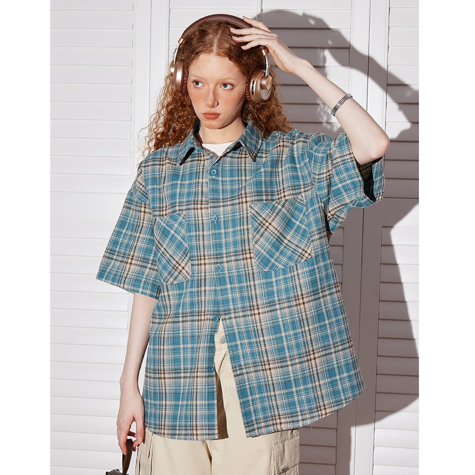 Retro Plaid Double Pocket Short Sleeve Shirt BT7012