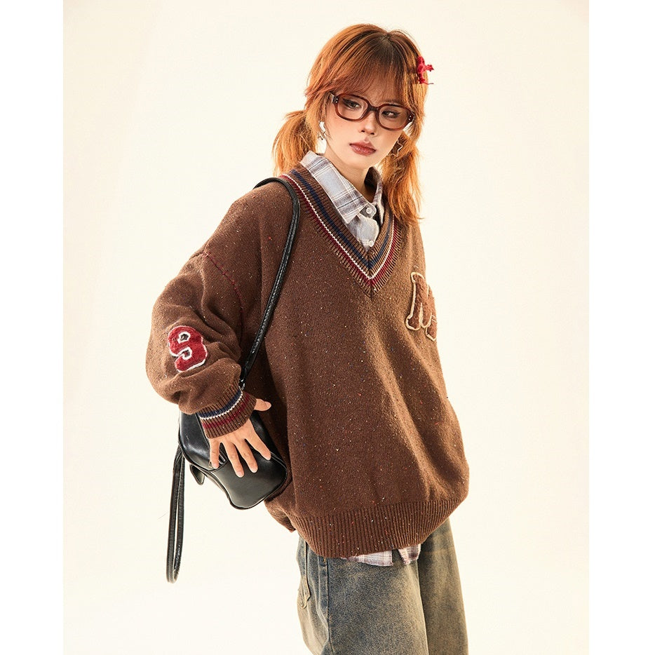 College Style Loose V-neck Sweater MW9530