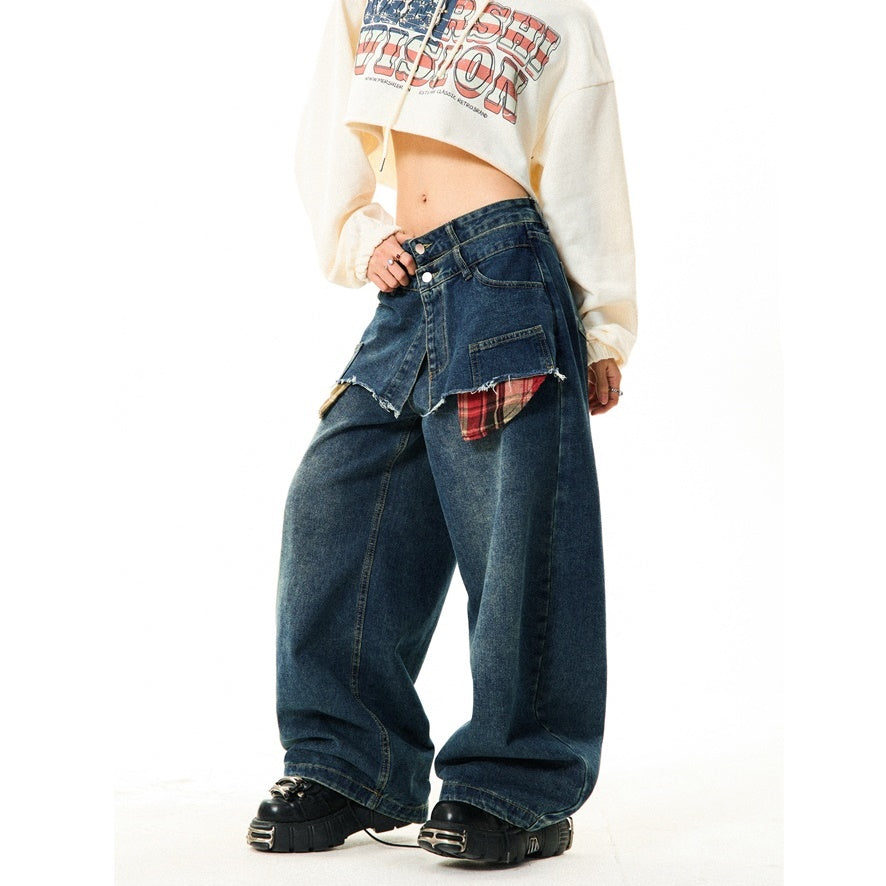 Stitching Double Waist Design Loose Jeans MW9803