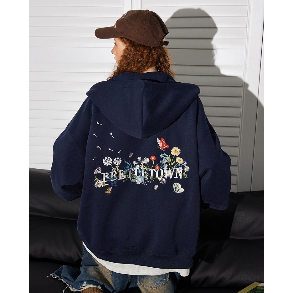 Back Floral Embroidered Zip Hooded Parka BT7032