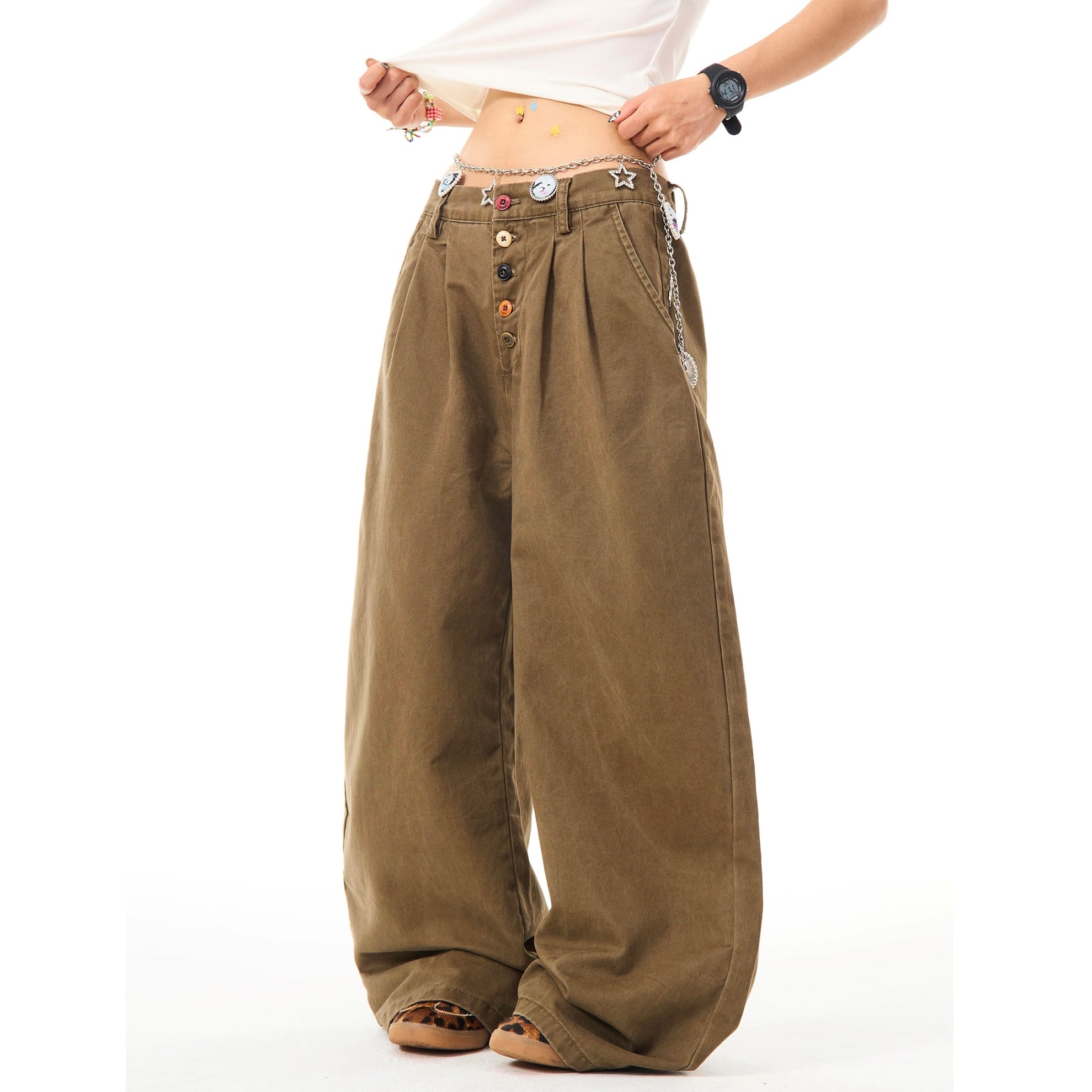 Color Button Wide Straight Pants MW10099