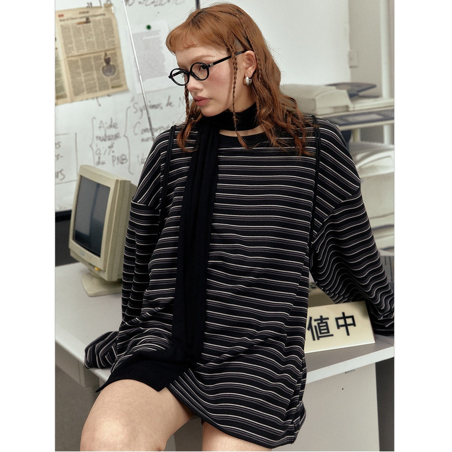 Drop Shoulder Loose Long Sleeve Border T-Shirt EZ159