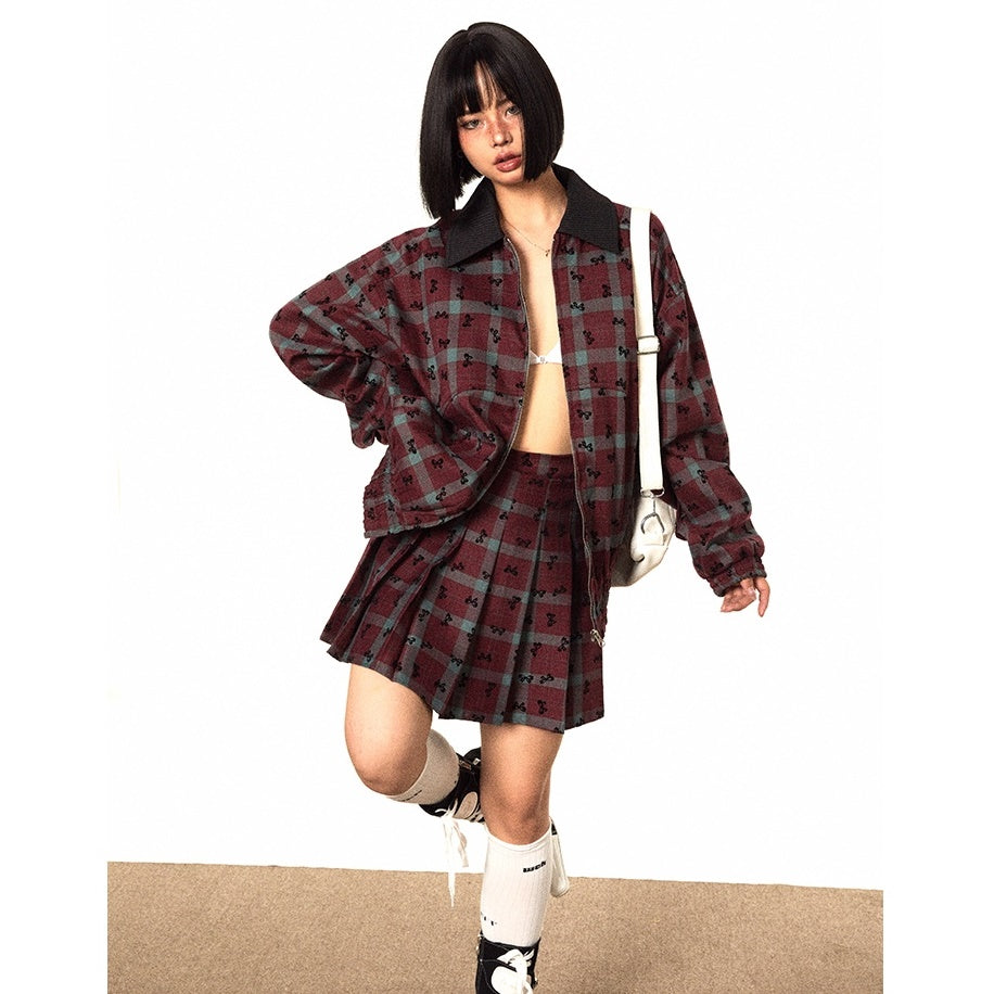 【上下別売り】Bow Print Contrast Plaid Jacket & Pleated Short Skirt Set-up MW9494