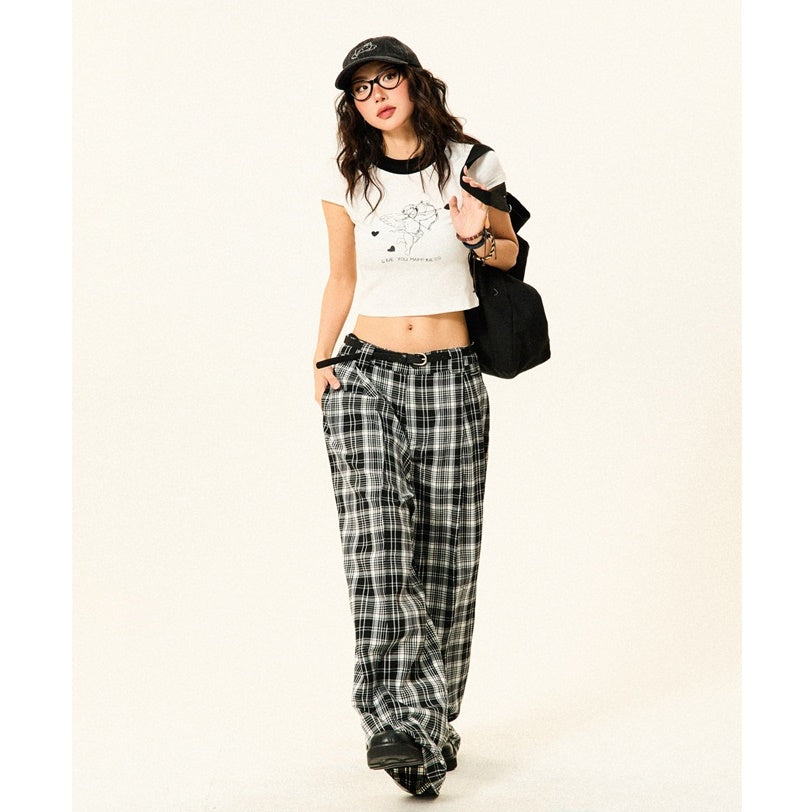 Monotone Plaid Low-waisted Wide-leg Pants YS7009