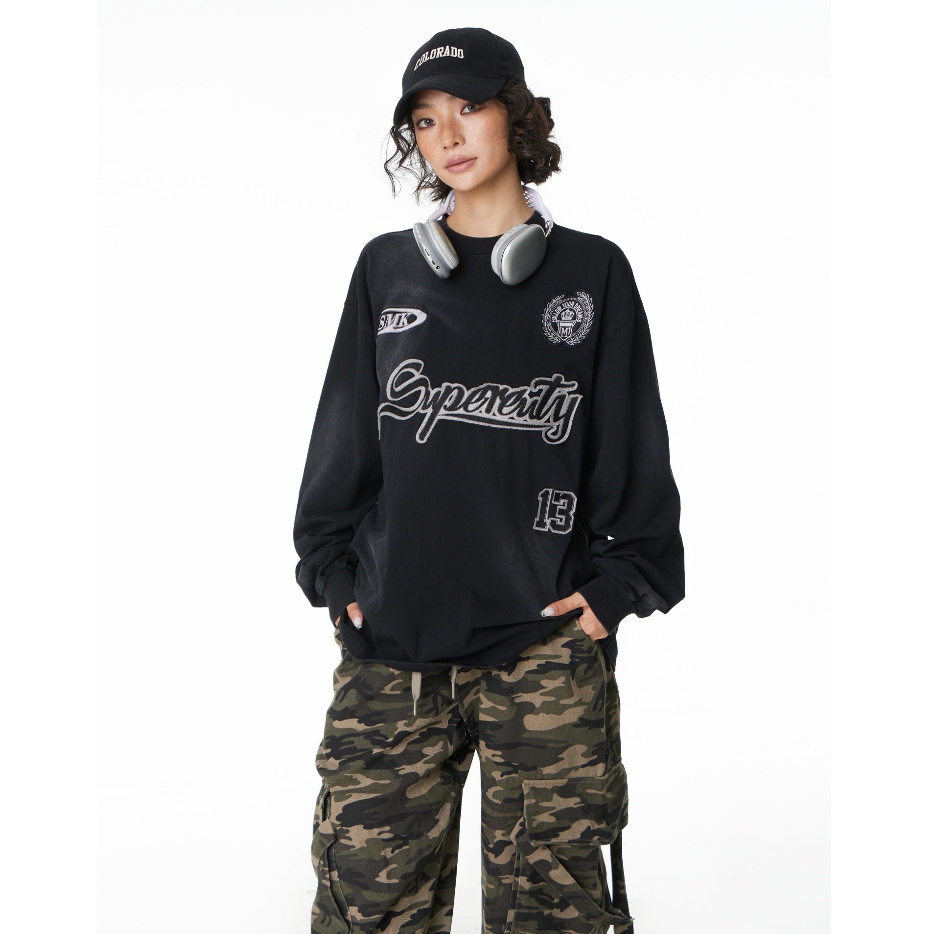 Street Distressed Wash Letter Embroidery Long Sleeve T-Shirt MW9399