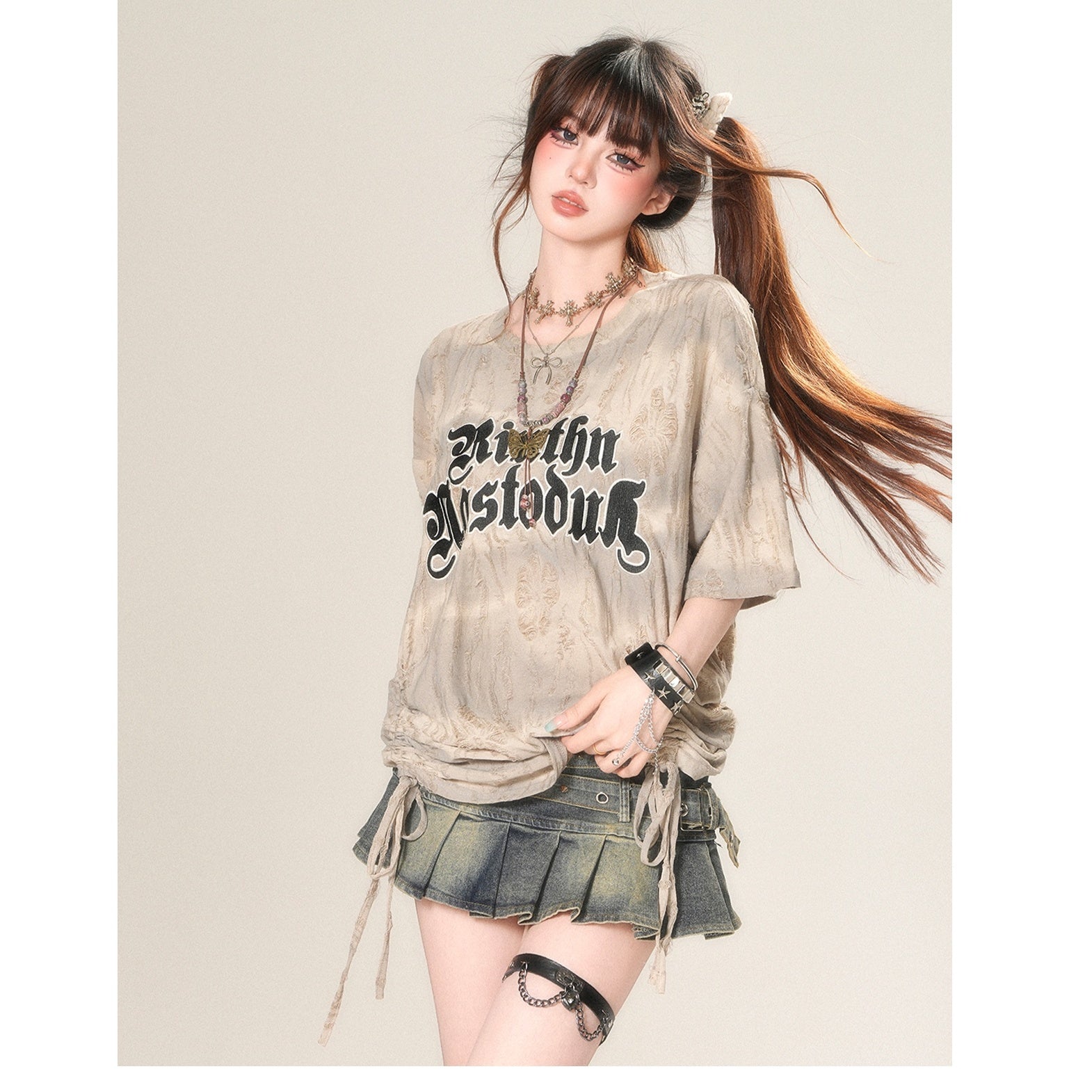 Drawstring Loose Ripped T-Shirt KK2048