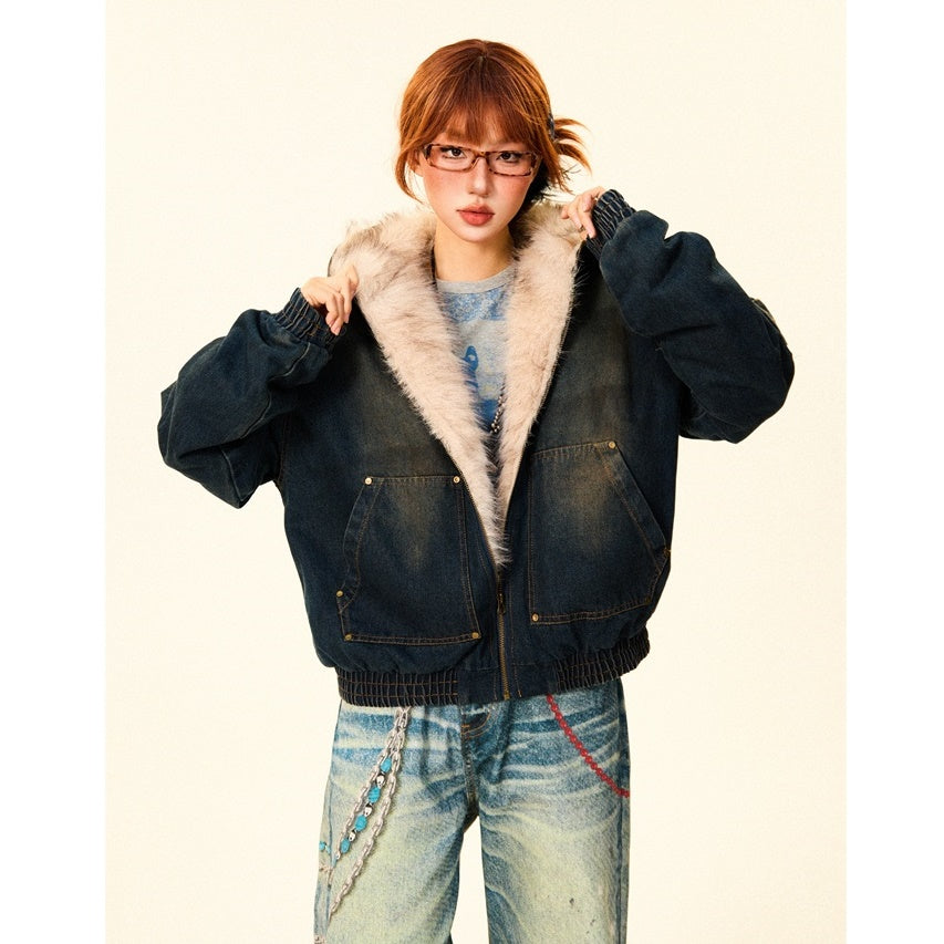 Fluffy Fur Denim Hooded Jacket MW9703