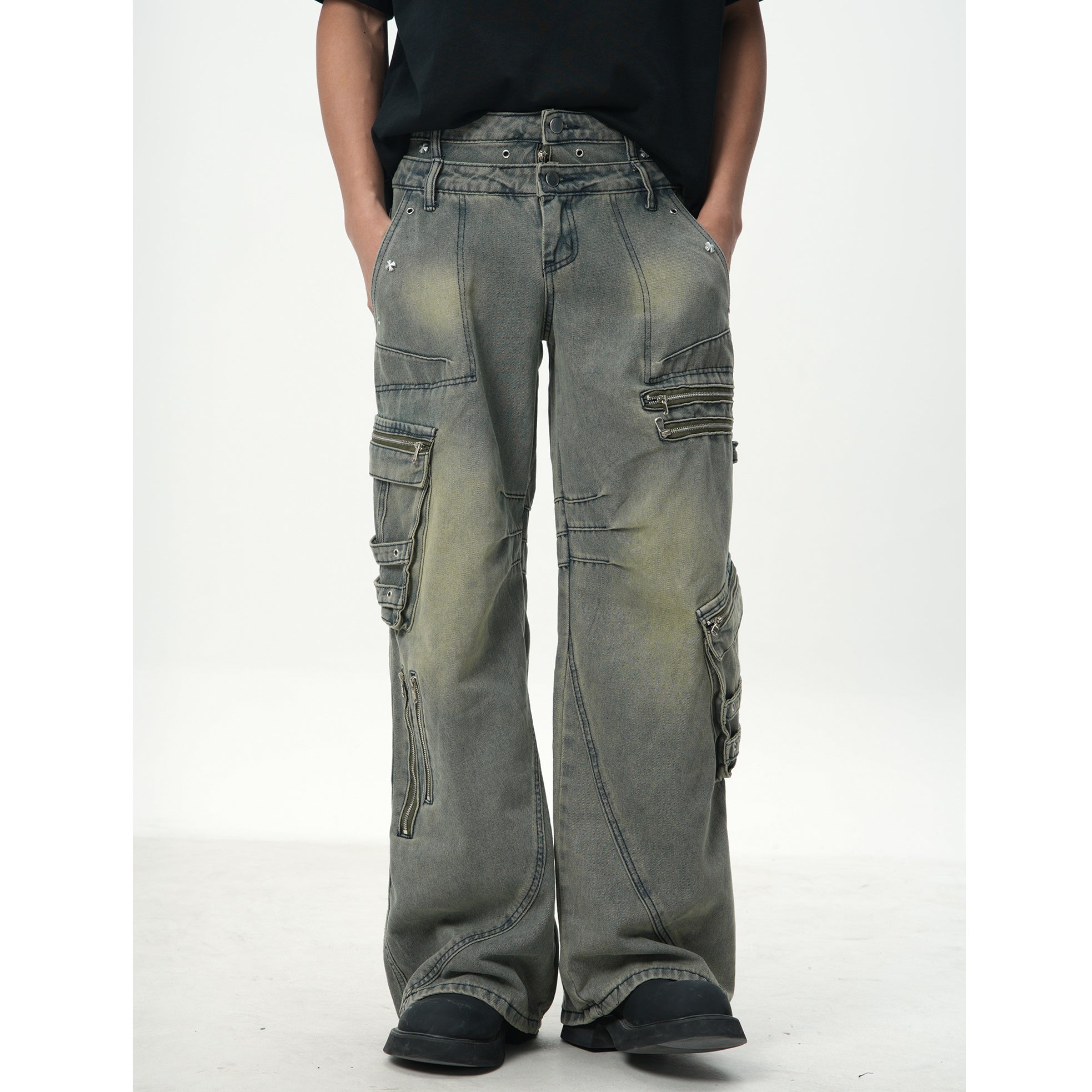 loose wash distressed denim zipper cargo pants JN7004