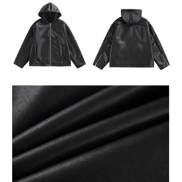 PU Leather Thickened Boa Lining Hooded Zip Jacket MW9610