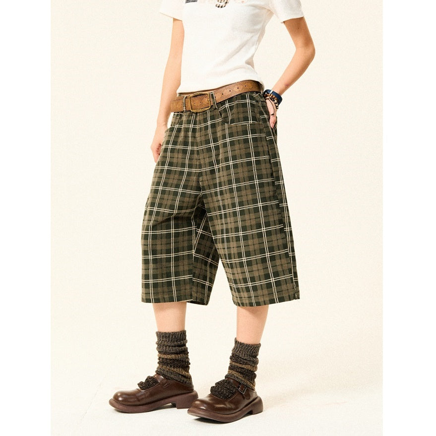 Retro Plaid Straight Leg Loose Cropped Pants YS7011