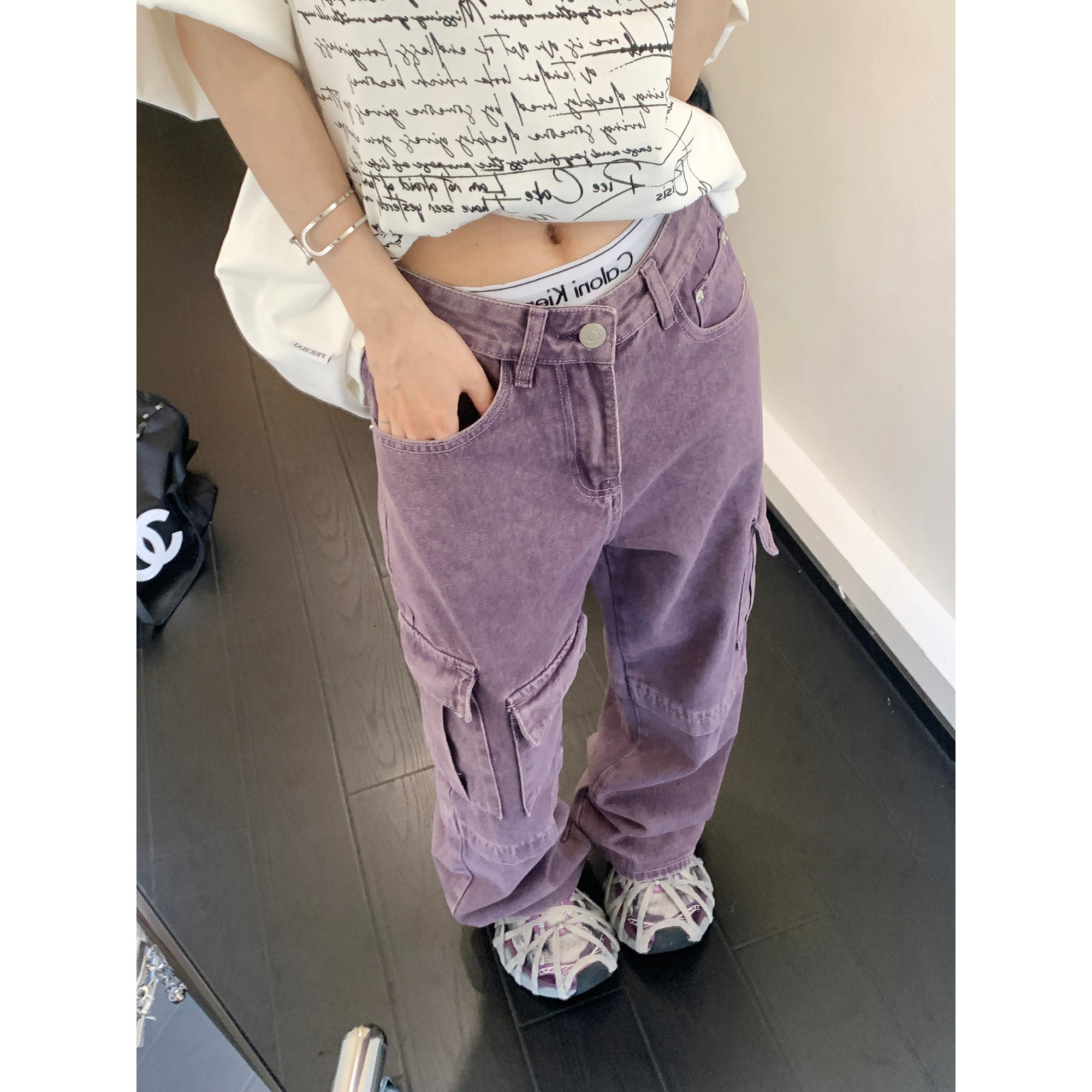 Wash Purple Straight-leg Denim Cargo Pants MW9315