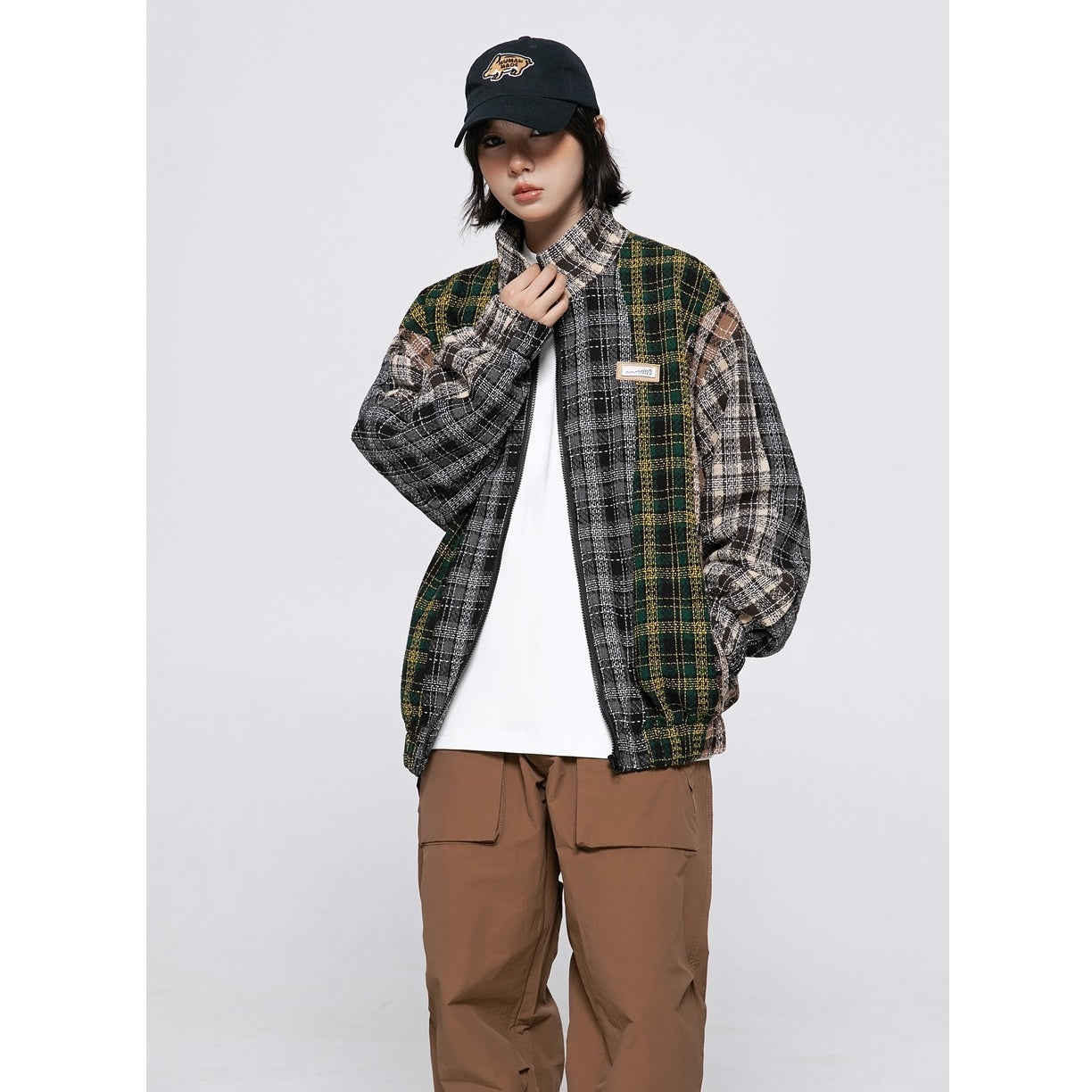 Stand Collar Loose Patchwork Plaid Jacket MW9660