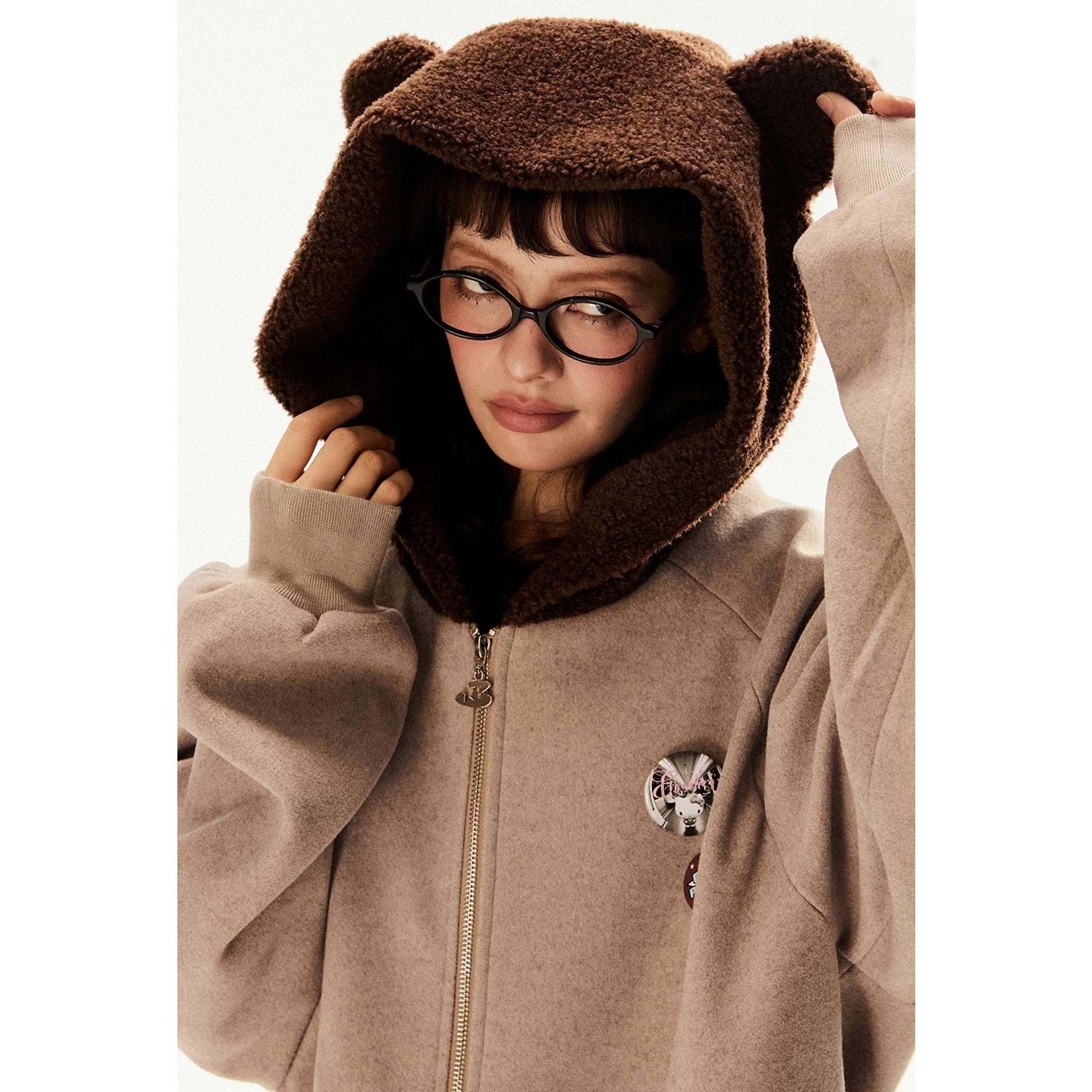 Raglan Sleeve Bear Design Hooded Zipper Jacket EZ196