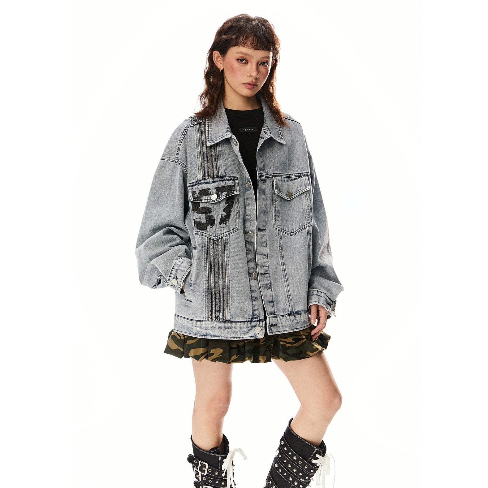 Number Print Oversize Denim Jacket EZ233