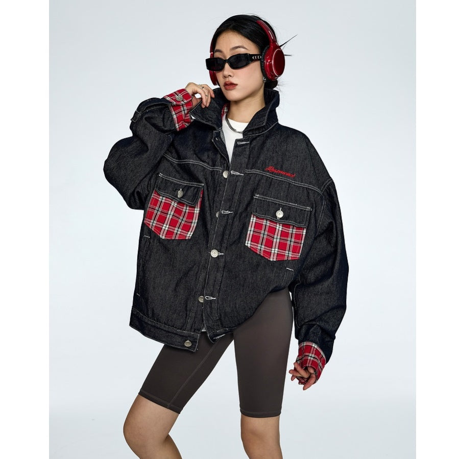 Plaid Patchwork Loose Denim Jacket MW9317