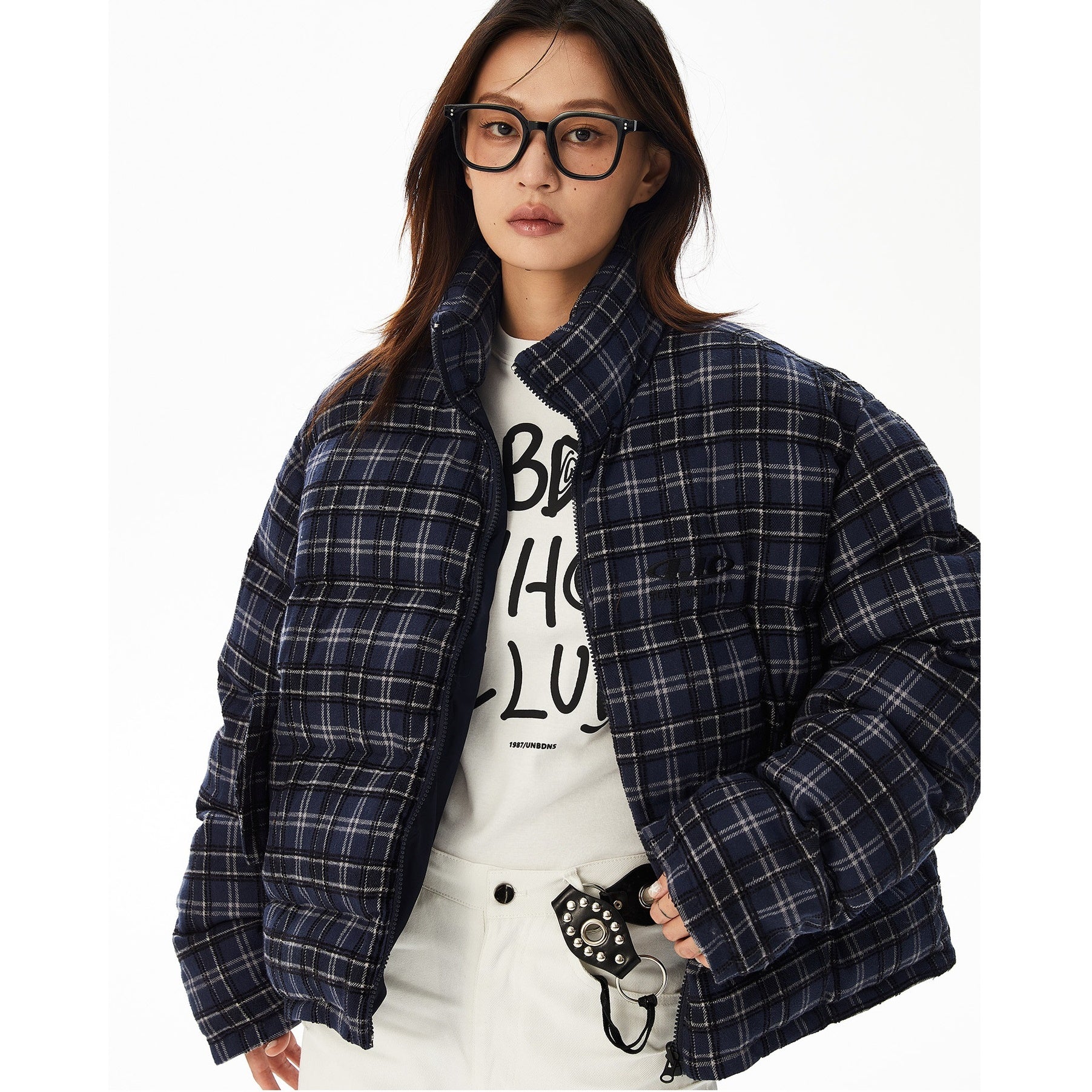 Plaid Reversible Stand Collar Padded Short Jacket MW9623