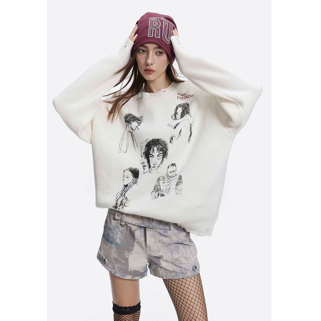 Sketch Print Art Design Loose Damage Sweater MW9617