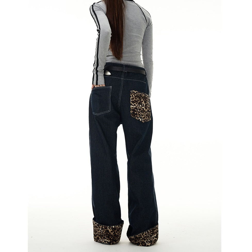 Rolled Leopard Print Loose Straight Jeans MW9273