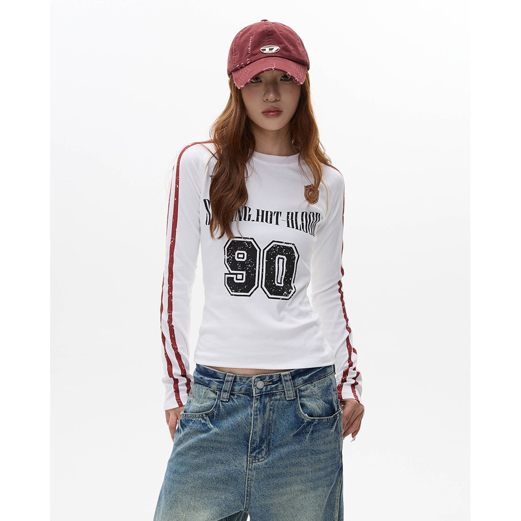 Letter Print Long Sleeve Line Slim T-shirt MW9279