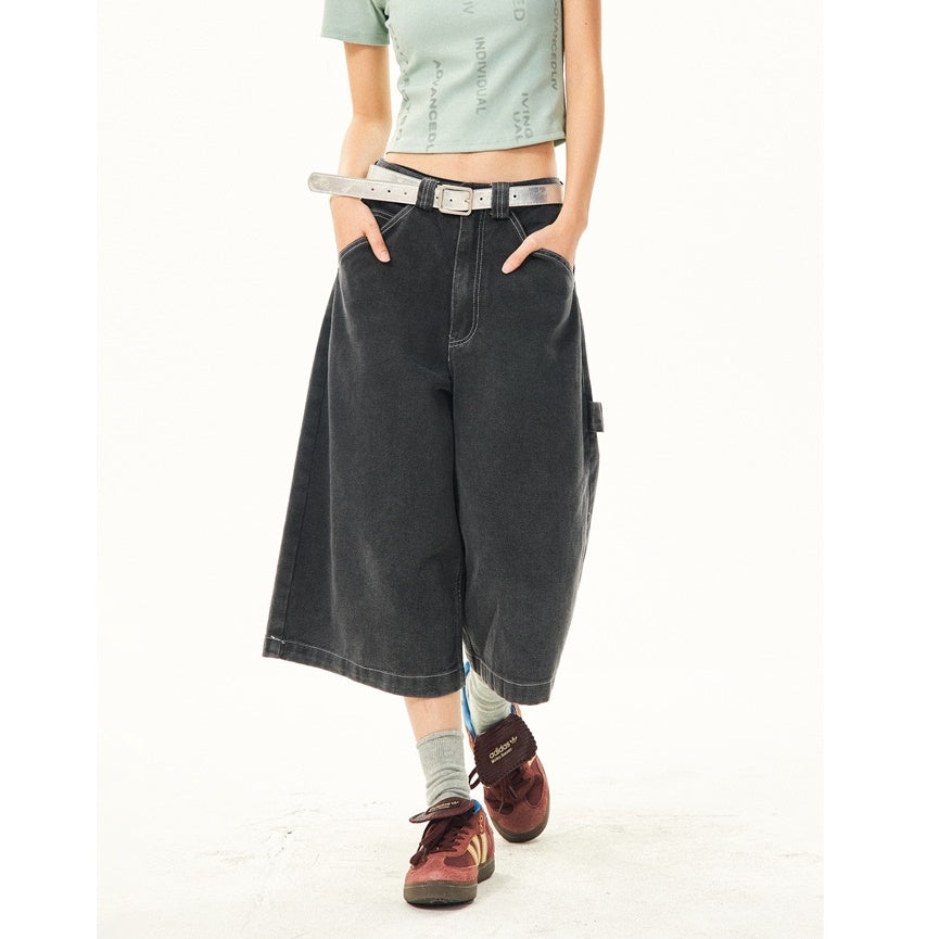 Washed Denim Stitch Design Cropped Pants YS7012