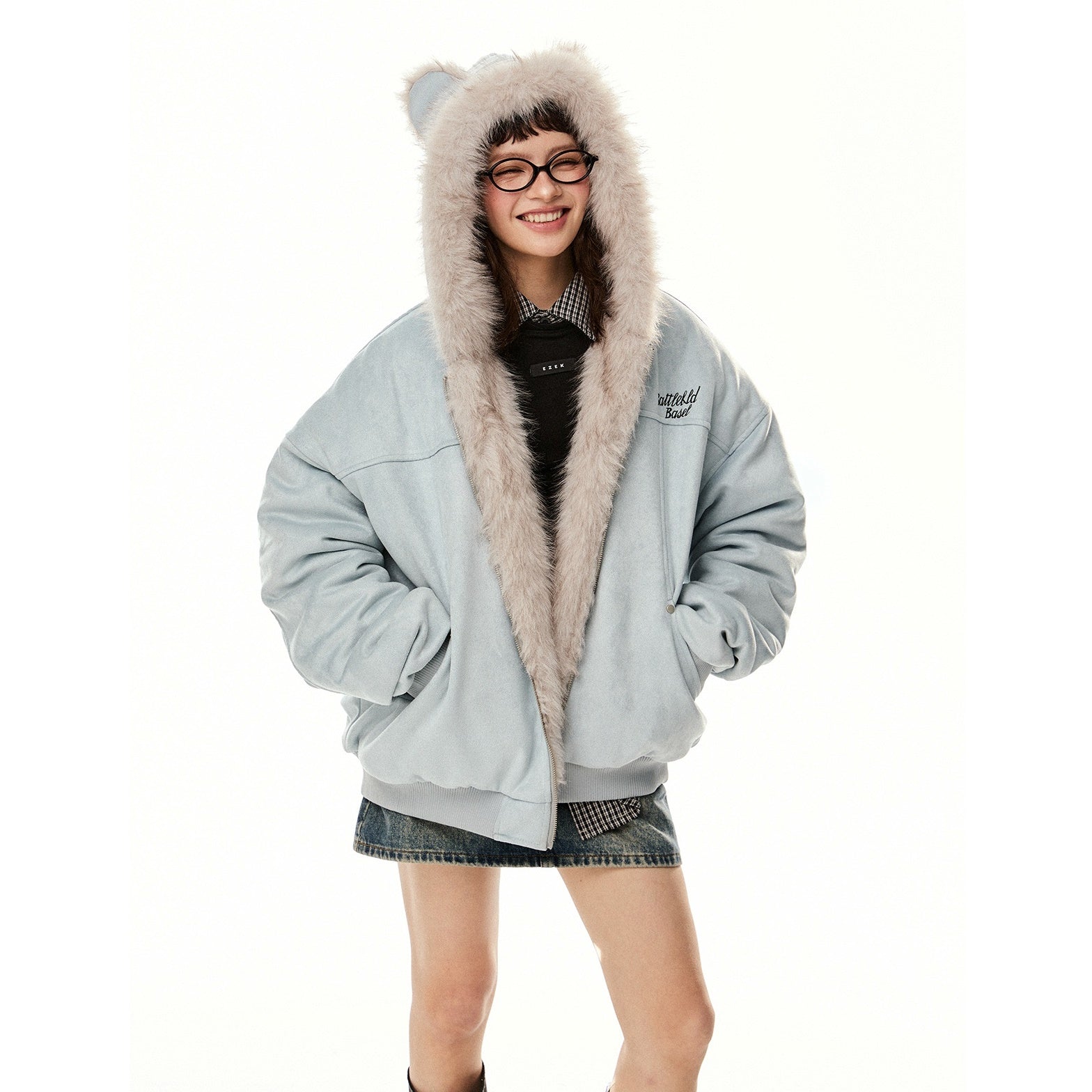 Fur Stitch Cat Ears Hooded Jacket EZ224