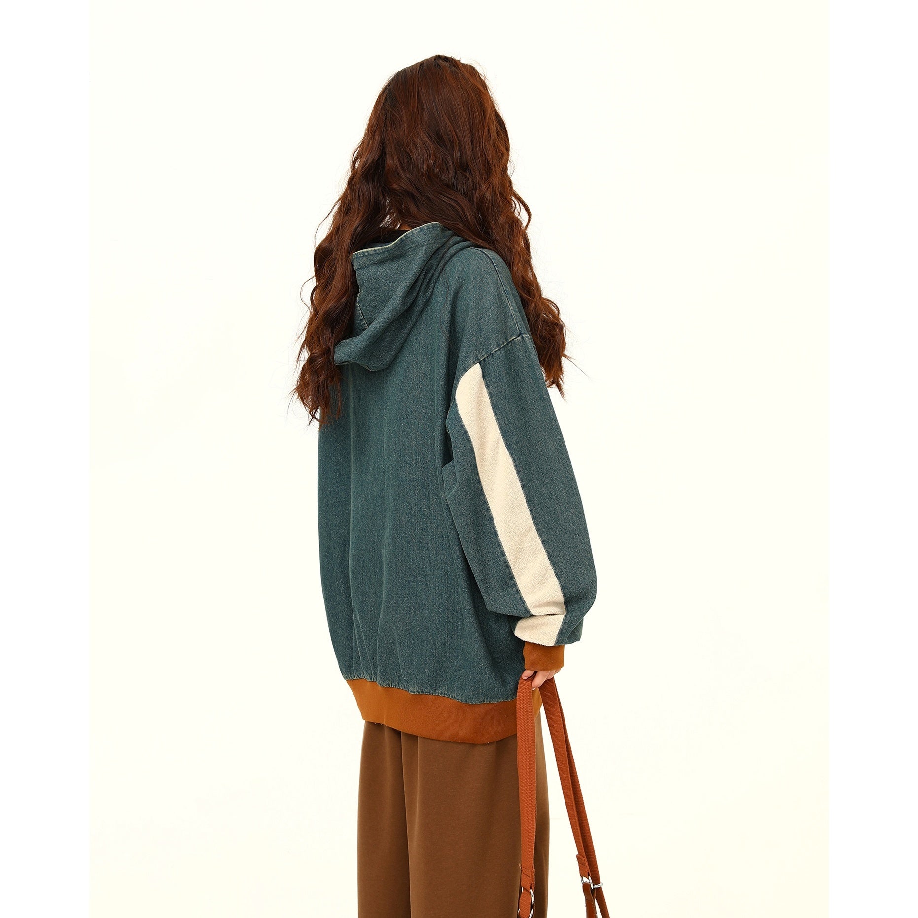 Washed Denim Color-Blocked Design Hoodie MW9488