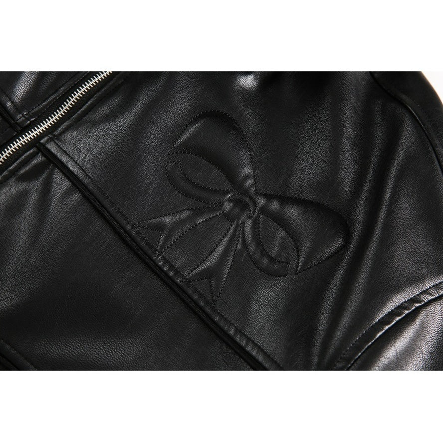 Back Bow Emboss PU Leather Jacket MY2407