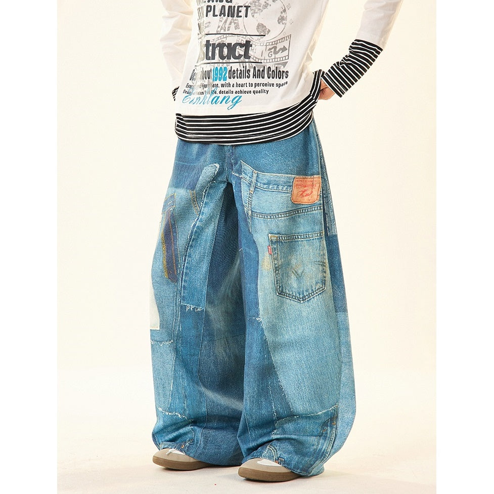 Patch Stitched Print Loose Straight Jeans MW9529