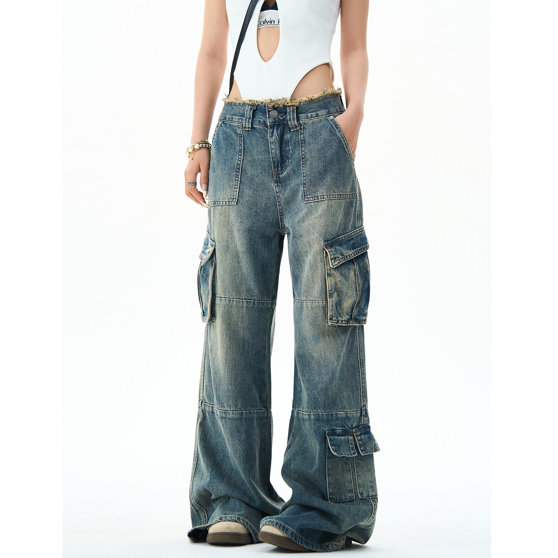 MULTI-POCKET BRUSHED DESIGN CARGO DENIM HG7016