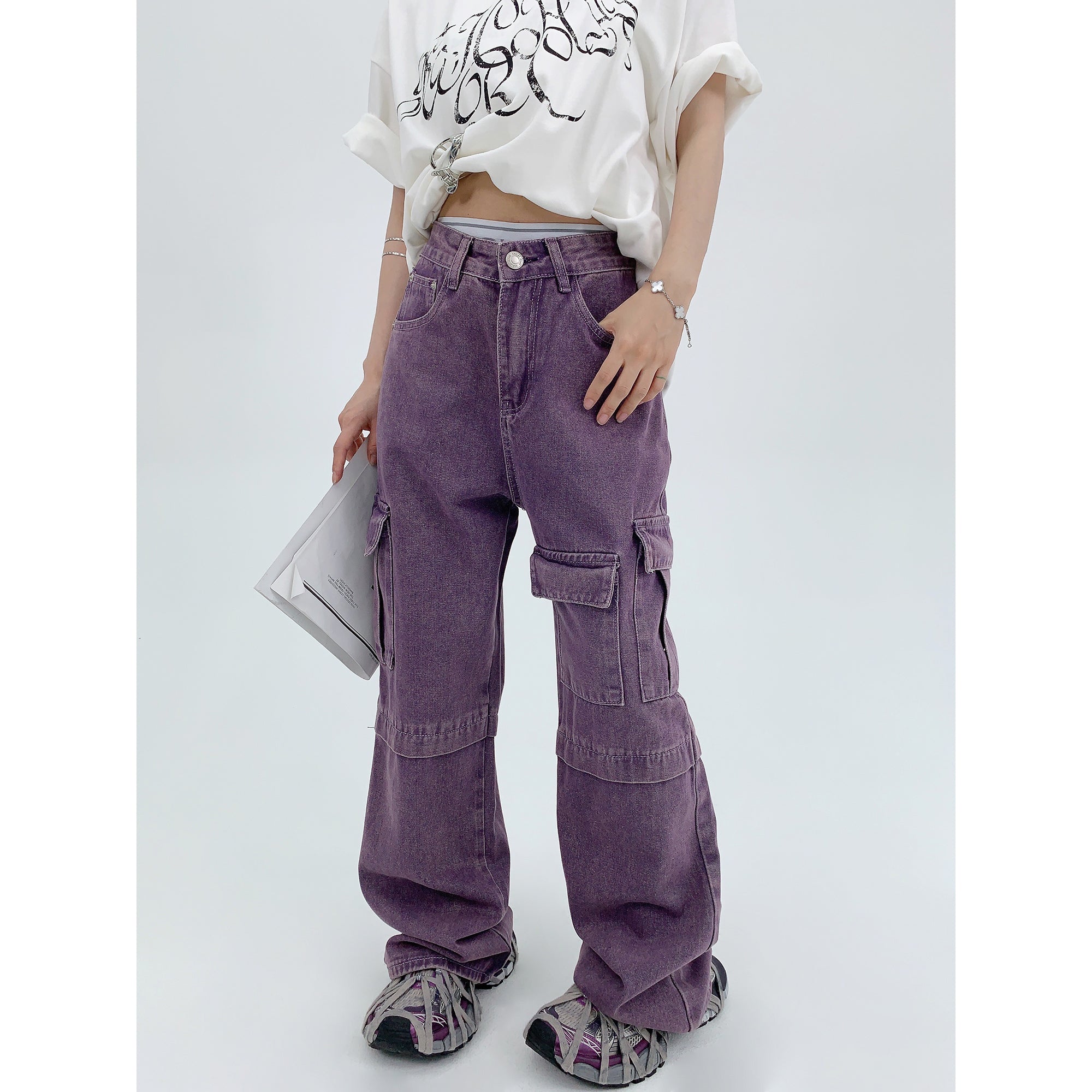 Wash Purple Straight-leg Denim Cargo Pants MW9315