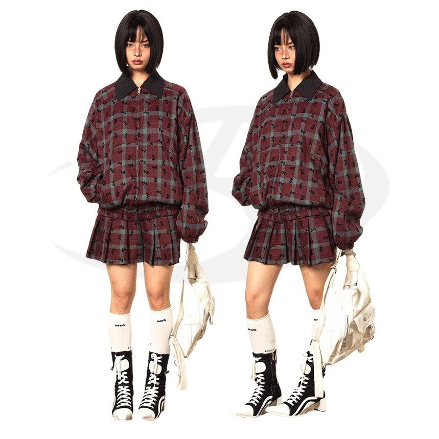 【上下別売り】Bow Print Contrast Plaid Jacket & Pleated Short Skirt Set-up MW9494