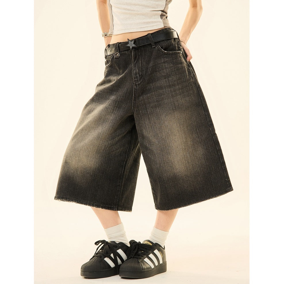 Vintage Wash Distressed Denim Wide-leg Cropped Pants MW9267