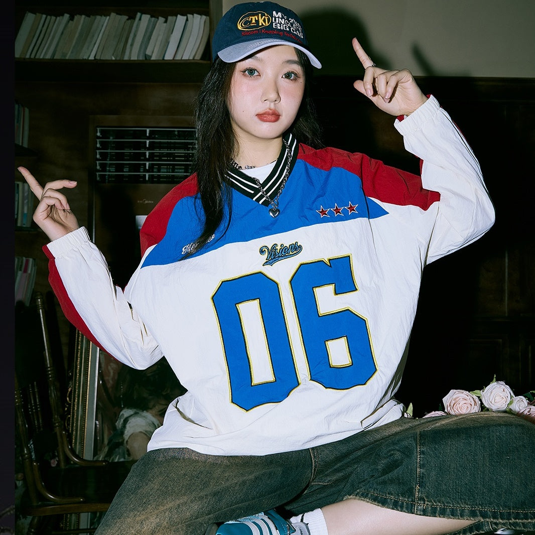 Retro V-neck Letter Long Sleeve T-shirt MW9385