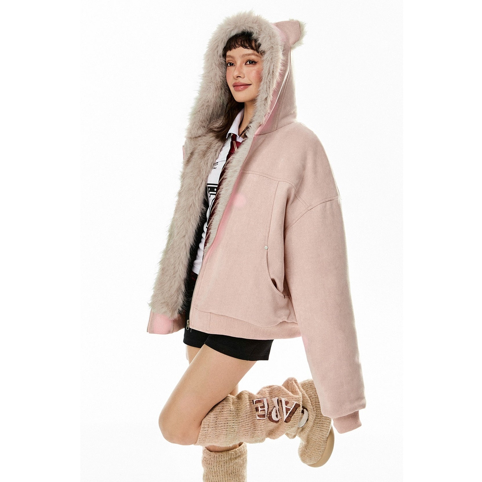 Fur Stitch Cat Ears Hooded Jacket EZ224