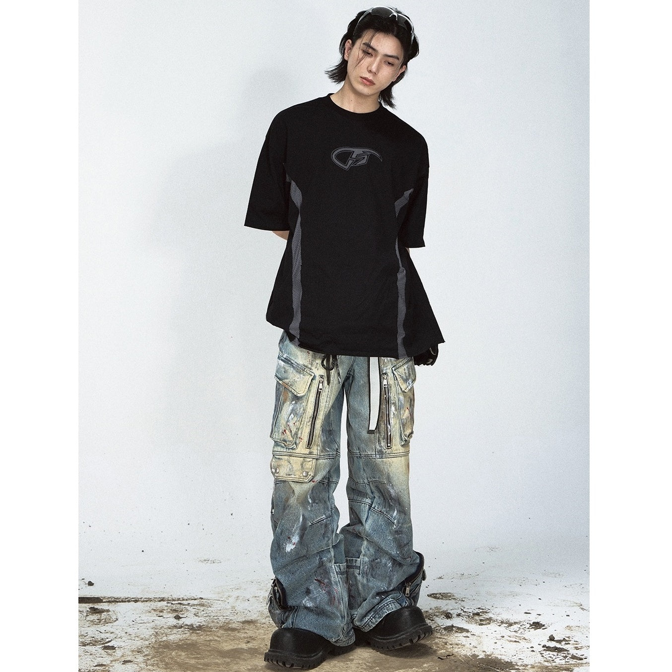 Graffiti Paint Design Multi-pocket Wide-leg Jeans PS7007