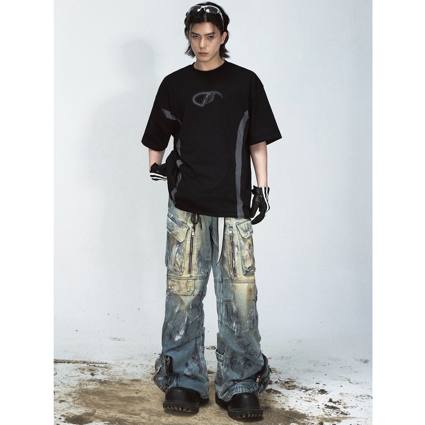 Graffiti Paint Design Multi-pocket Wide-leg Jeans PS7007