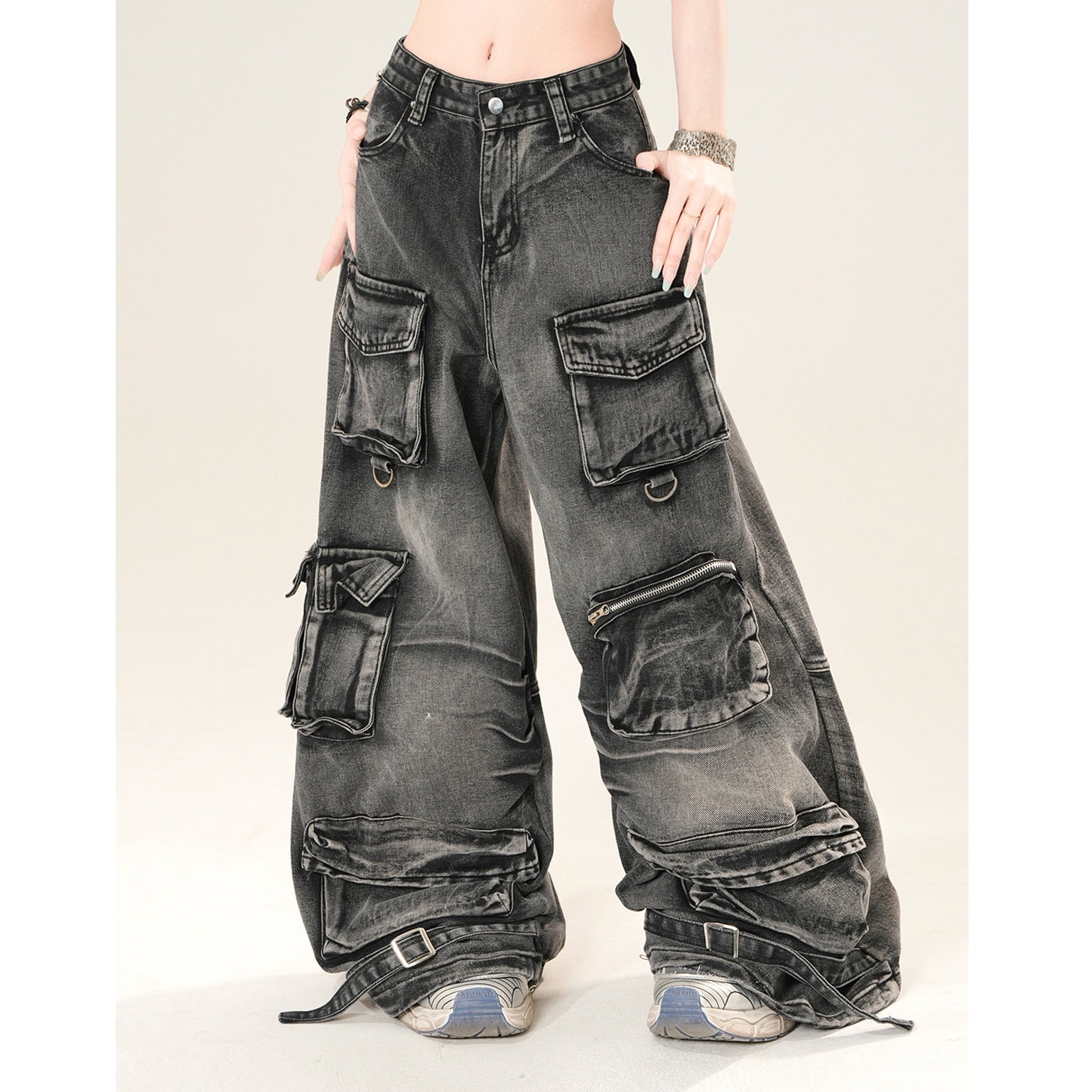Vintage Wash Loose Cargo Jeans KK2031