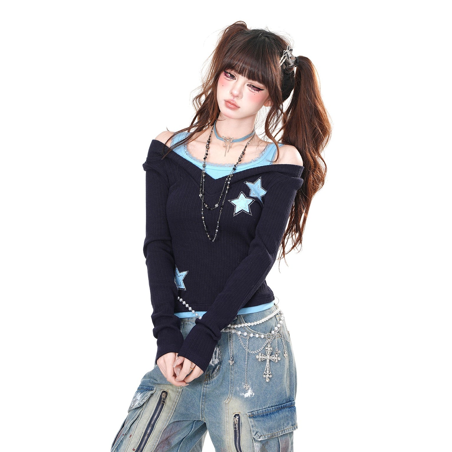Fake Two Knitted Off-shoulder Cutsew KK2051