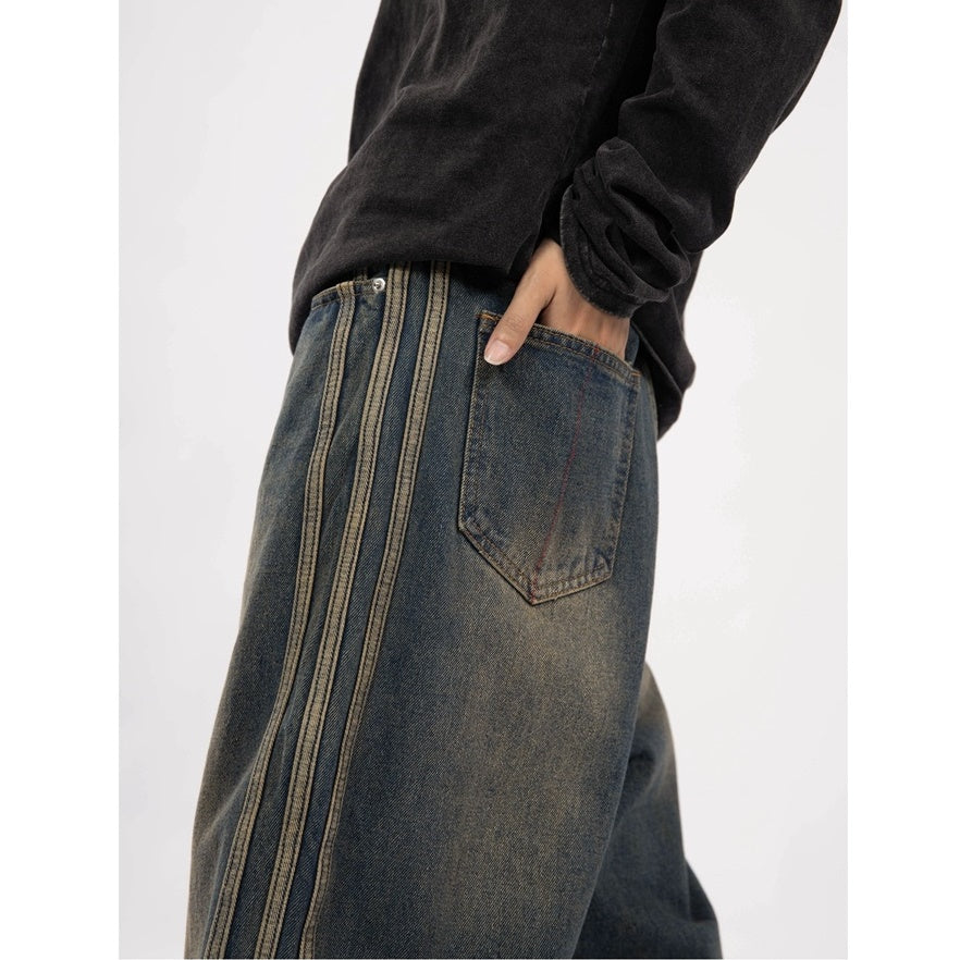 Retro Old Washed Side Line Loose Straight Jeans YS7006