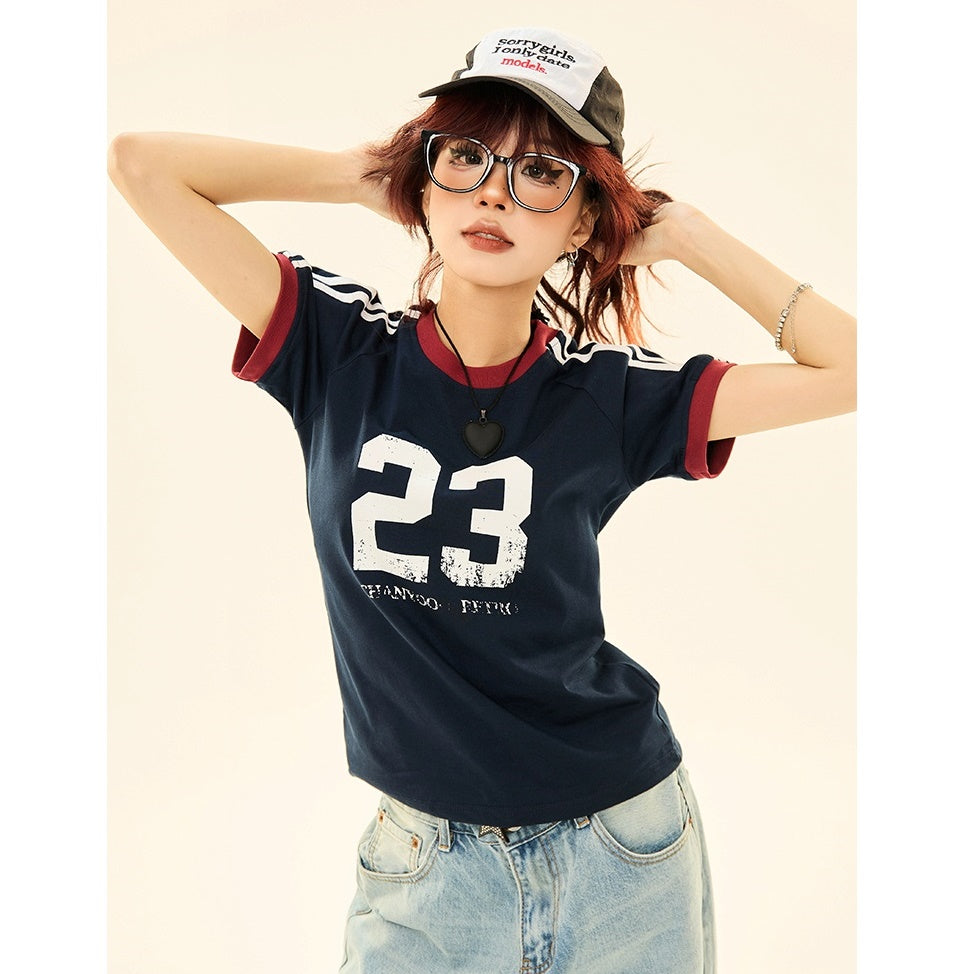 Contrast Line Sleeve Number T-shirt MW9217