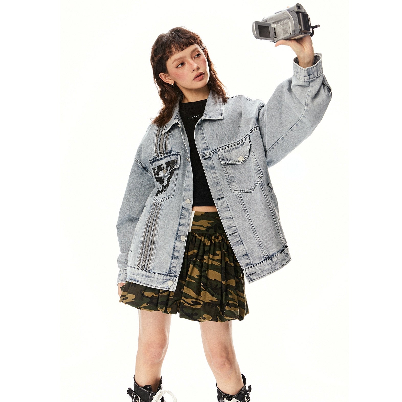 Number Print Oversize Denim Jacket EZ233