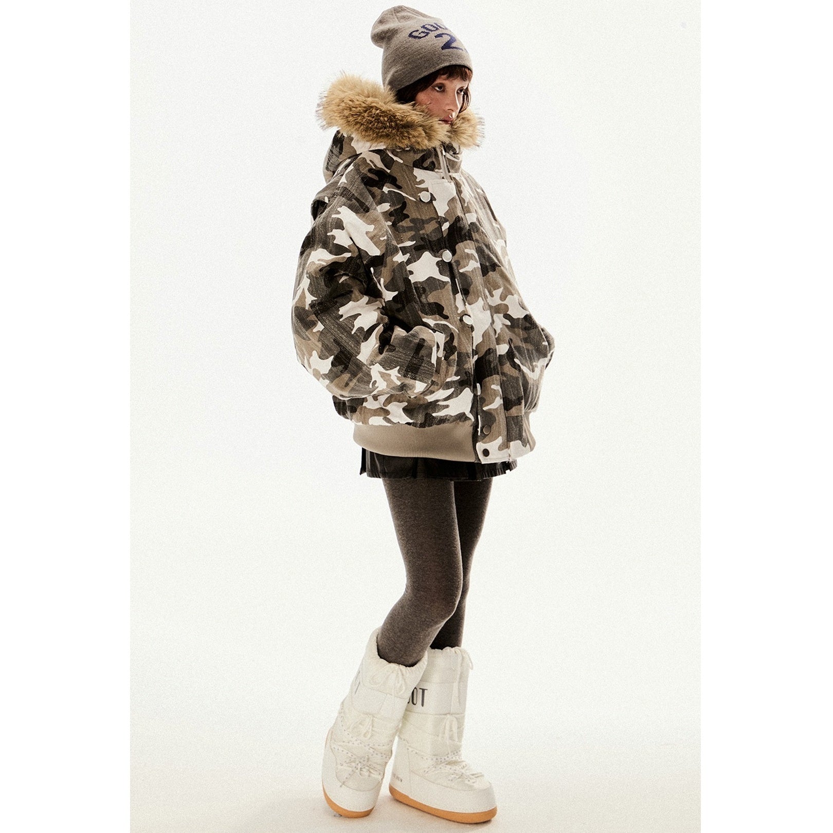 Fur Collar Hooded Camouflage Zipper Jacket EZ194