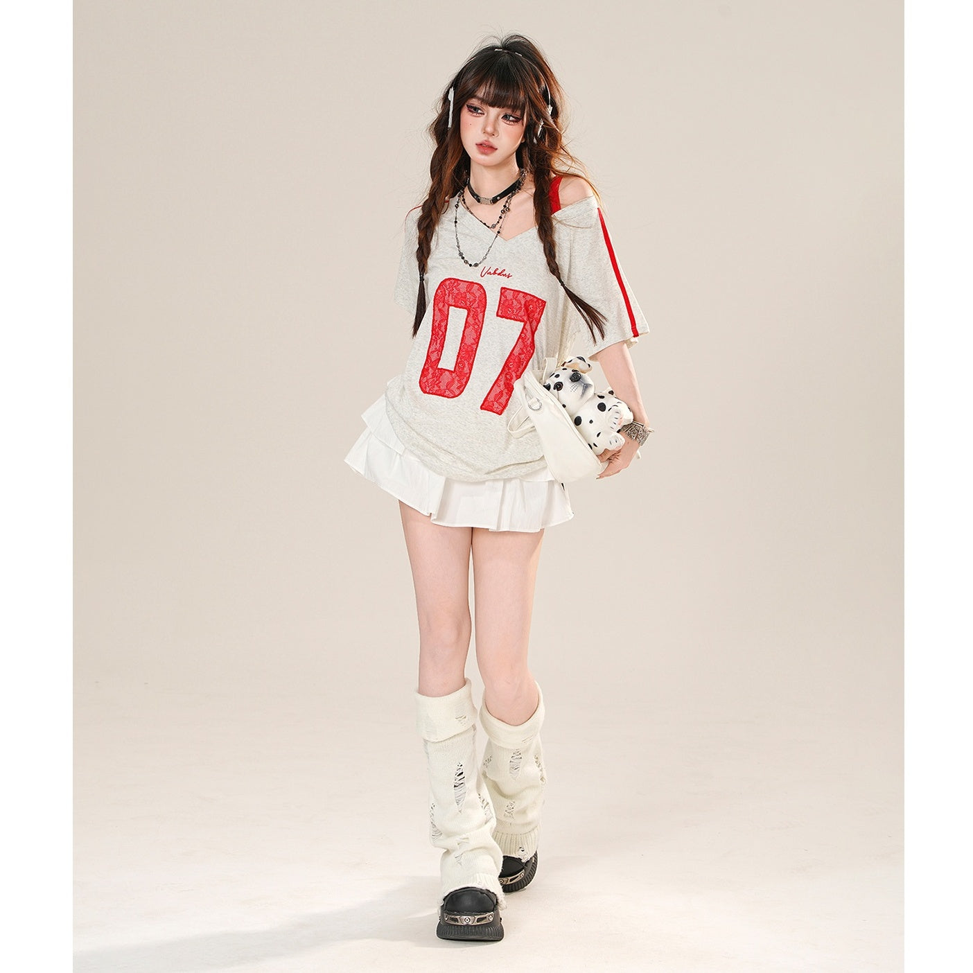 Lace Stitch One-shoulder V-neck T-shirt KK2046