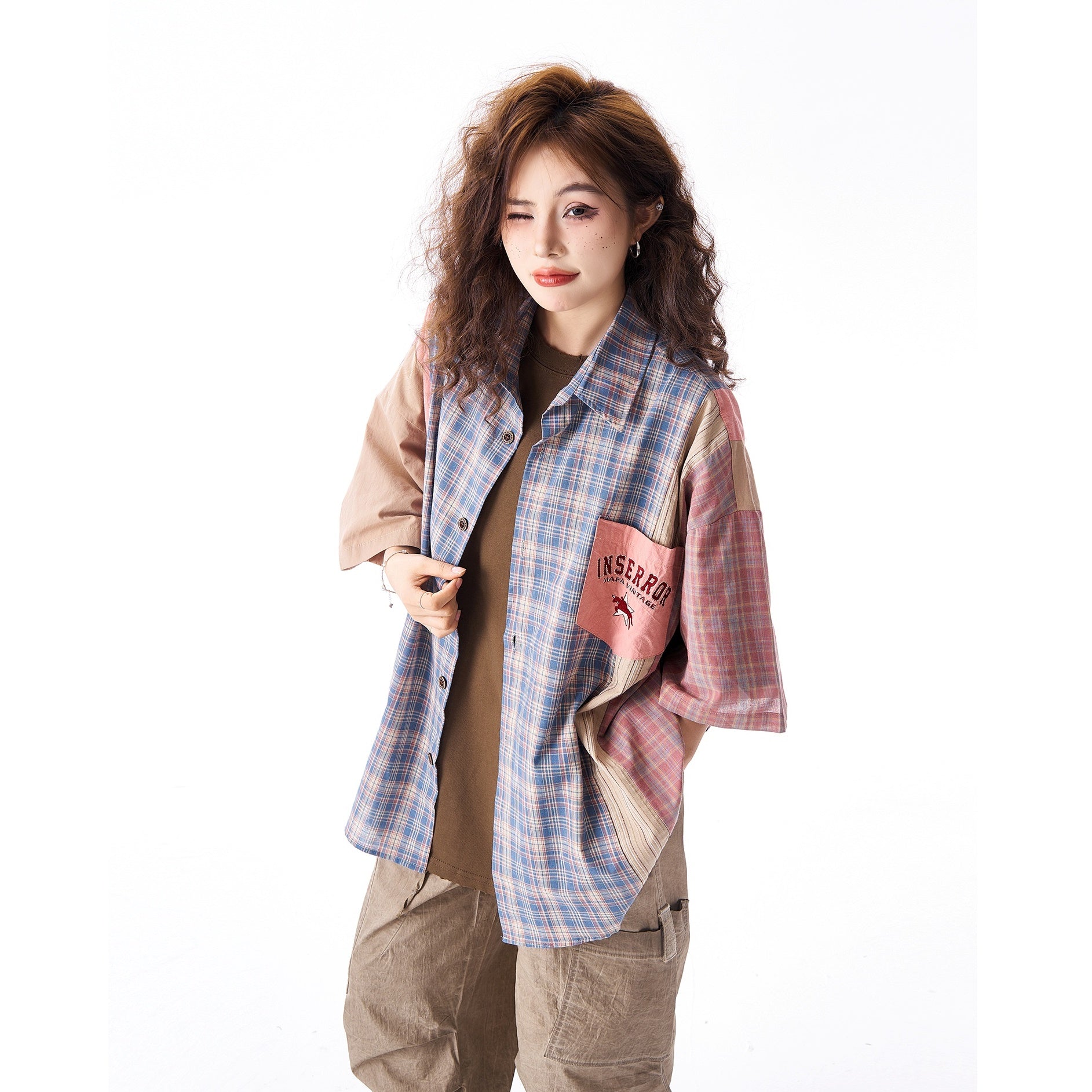 Stripe Plaid Patchwork Loose Short Sleeve Shirt HG7165