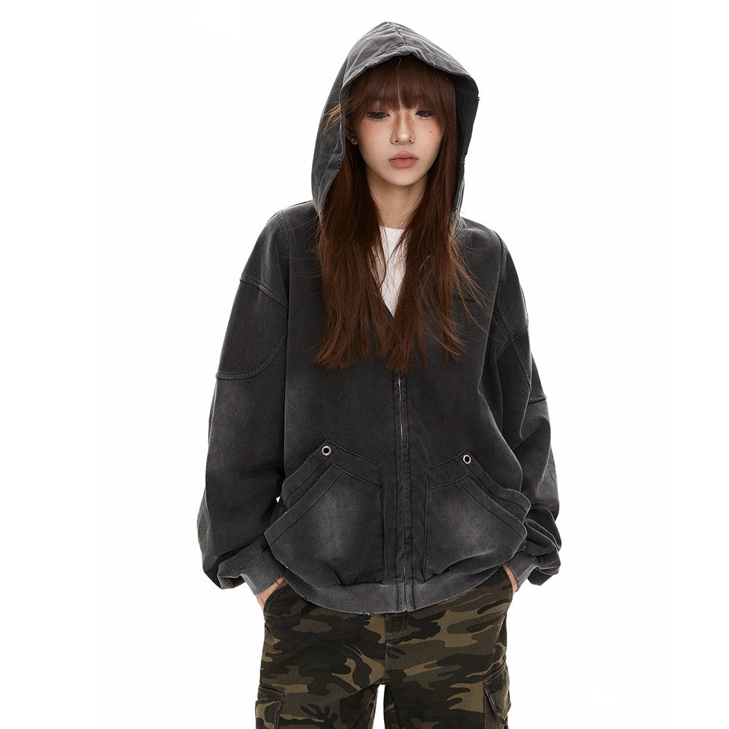 Wash Distressed Hooded Zip-Up Parka MW9493