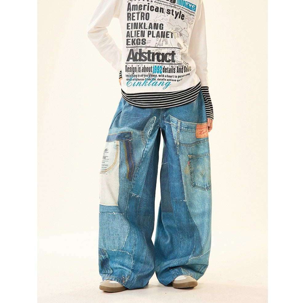 Patch Stitched Print Loose Straight Jeans MW9529