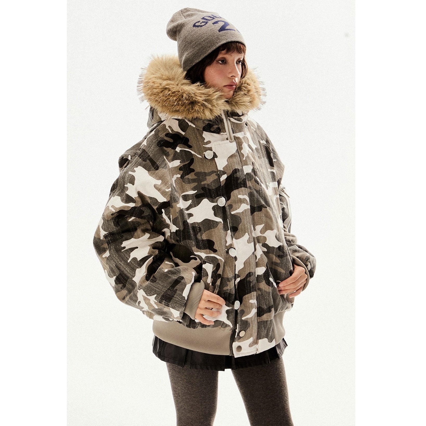 Fur Collar Hooded Camouflage Zipper Jacket EZ194